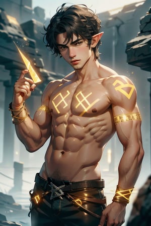1boy, handsome man, Highres, best quality, extremely detailed, area lighting in background, HD, 8k, extremely intricate:1.3), realistic, SMALL BODY, CUTE,GlowingRunes_yellow, stomach,elf