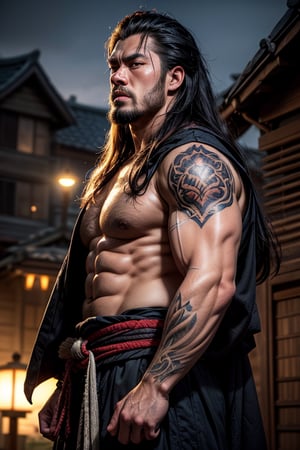 masterpiece, (photorealistic:1.4), best quality, beautiful lighting, outdoors, big guy ,  black hair , muscles , tattoo , long hair , samurai monster