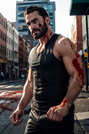 , maxMP3_soul3142, 1boy,  male focus, solo, blood, facial hair, manly, beard, on the street,