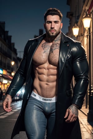 masterpiece, best quality, highly detailed, cowboy shot, exquisite facial features, prefect face, shiny skin, 1male, solo, muscle man, handsome man , (medium hair), brown hair, curly hair, night, sky, Masculine, burly hairy manly strongmen, tattoo, open coat, topless, jean, ((big bulge:1.5)), strolling beneath Eiffel Tower: Romantic Parisian ambiance, in Paris,