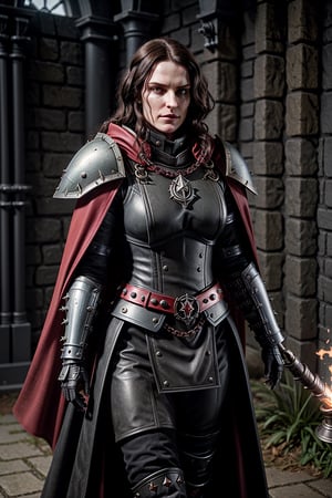 hyper-realistic, female inquisitor, warhammer_40k, black and red armor, prayer chain, flowing black cape with high collar, gaunt face, sharp jawline, sharp nose, deep eye sockets, pursed lips, deep laugh lines, scowl, furrowed brow, metal boots, a leather book chained to belt, walking, battle warn,