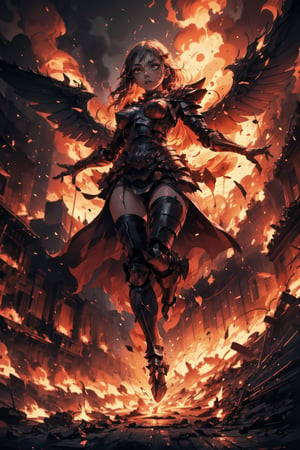 Highres, best quality, extremely detailed, area lighting in background, HD, 8k, 1girl, armor, fiery eyes, overlooking an army, horror style, area lighting in background, flame dress, large burning wings, (levitating:1.2) portrait