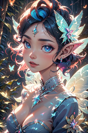 fairy, butterfly_wings,gem,vibrant colors, bride, looking_at_viewer , facing front, happy, night, soft lighting, Detailedface, (portrait:1.2), GlowingRunes_blue