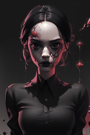 Highres, best quality, extremely detailed, area lighting in background, HD, 8k, 1girl, cute, goth, blood splattering, bloody, bloody face,Wednesday Addams  
