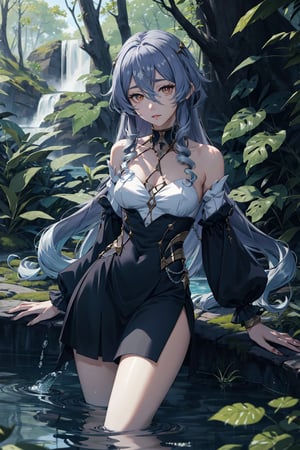 Anime, HD silver hair, Petite body, super cute face,detailed face, 8k uhd quality, Full frame, beautiful body, hi-res blue pupil, Full body view, perky breasts, cowboyshot, relaxing in the forest, water_fall, sfw