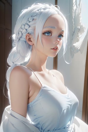 (Centerfold, Albino, (White hair, french braid), (light blue muslin camisole), in a studio envionment, sidelighting, excellent detailing, detailed faces, (unconventional perspective), attention to design, attention to mood, attention to composition, (visually cohesive),(high artistic skill), (high artistic ability), (expert craftsmanship), pose how you want, (highquality) (topless:1.0) 
