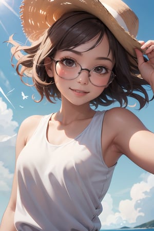 (masterpiece, best quality), 1girl,  immatsuri, glasses, sleeveless, under the sun, wind blowing her hair, sweet smile
