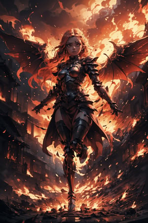 Highres, best quality, extremely detailed, area lighting in background, HD, 8k, 1girl, armor, fiery eyes, overlooking an army, horror style, area lighting in background, flame dress, large burning wings, (levitating:1.2) hovering above ground