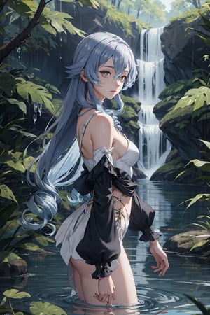 Anime, HD silver hair, Petite body, super cute face,detailed face, 8k uhd quality, Full frame, beautiful body, hi-res blue pupil, Full body view, perky breasts, cowboyshot, relaxing in the forest, water_fall, sfw, from the side