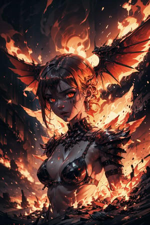 Highres, best quality, extremely detailed, area lighting in background, HD, 8k, 1girl, fiery eyes, bikini armor, overlooking an army, horror style, area lighting in background, flame dress, large burning wings, (wings made of fire:1.2)(levitating:1.2) portrait