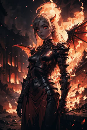 Highres, best quality, extremely detailed, area lighting in background, HD, 8k, 1girl, armor, fiery eyes, overlooking an army, horror style, area lighting in background, flame dress, flame wings