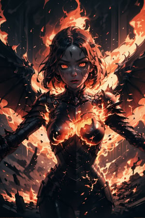 Highres, best quality, extremely detailed, area lighting in background, HD, 8k, 1girl, armor, fiery eyes, overlooking an army, horror style, area lighting in background, flame dress, large burning wings, (levitating:1.2) portrait, upper_body