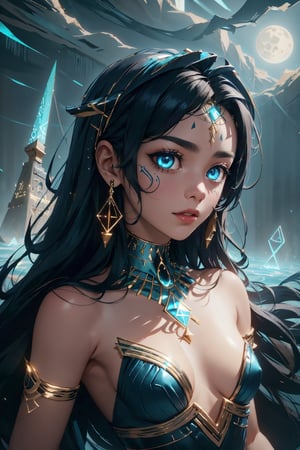 Highres, best quality, extremely detailed, area lighting in background, HD, 8k, extremely intricate:1.3), realistic, SMALL BODY, CUTE, (portrait:1.2) (sexy Cleopatra), (sexy, skimpy, sheer, fantasy Egyptian costume), (colorful), (fantasy Egyptian cosmetics), full_body, T-pose, dynamic pose,outdoors, (night:1.2), moon light, desert setting, Pyramid in background, Detailedface, (perfectly drawn eyes:1.2), nsfw,GlowingRunes_blue, (runes:1.2)