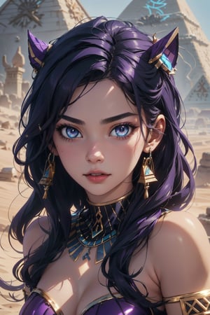 Highres, best quality, extremely detailed, area lighting in background, HD, 8k, extremely intricate:1.3), realistic, LOLI, SMALL BODY, CUTE, (portrait:1.2) (sexy Cleopatra), (sexy, skimpy, sheer, fantasy Egyptian costume), (colorful), (fantasy Egyptian cosmetics), full_body, T-pose, dynamic pose,outdoors, intense sunlight, desert setting, Pyramid in background, Detailedface, (perfectly drawn eyes:1.2), nsfw,GlowingRunes_purple, runes