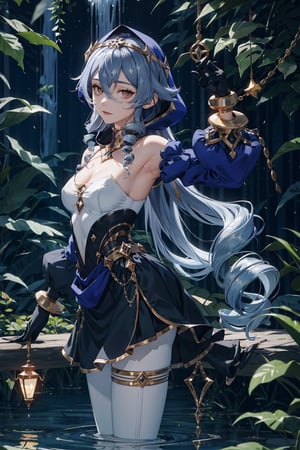 Anime, HD silver hair, Petite body, super cute face,detailed face, 8k uhd quality, Full frame, beautiful body, hi-res blue pupil, Full body view, perky breasts, (layla, expressionless, closed mouth, looking at viewer, twin drills, drill locks, hood, long sleeves, juliet sleeves, white pantyhose, thighlet, gloves, jewelry, bare shoulders) cowboyshot, relaxing in the forest, water_fall, sfw, from the side, light smile, armpit, side_boob 