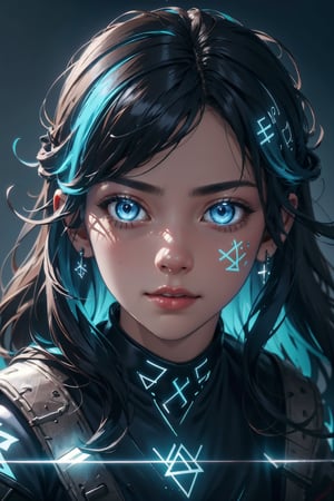 Highres, best quality, extremely detailed, area lighting in background, HD, 8k, extremely intricate:1.3), realistic, SMALL BODY, CUTE, (portrait:1.2) runes, glowing, ,GlowingRunes_blue