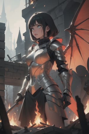 Highres, best quality, extremely detailed, area lighting in background, HD, 8k, 1girl, armor, fiery eyes, overlooking an army, horror style, area lighting in background, flame dress, flame wings