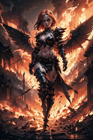 Highres, best quality, extremely detailed, area lighting in background, HD, 8k, 1girl, fiery eyes, bikini armor, overlooking an army, horror style, area lighting in background, flame dress, large burning wings, (wings made of fire:1.2)(levitating:1.2) flying 