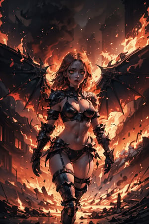 Highres, best quality, extremely detailed, area lighting in background, HD, 8k, 1girl, fiery eyes, bikini armor, overlooking an army, horror style, area lighting in background, flame dress, large burning wings, (wings made of fire:1.2) portrait