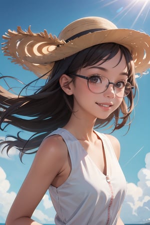 (masterpiece, best quality), 1girl,  immatsuri, glasses, sleeveless, under the sun, wind blowing her hair, sweet smile, one piece clothing
