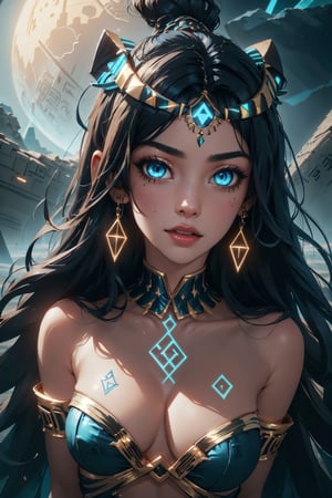 Highres, best quality, extremely detailed, area lighting in background, HD, 8k, extremely intricate:1.3), realistic, SMALL BODY, CUTE, (portrait:1.2) (sexy Cleopatra), (sexy, skimpy, sheer, fantasy Egyptian costume), (colorful), (fantasy Egyptian cosmetics), full_body, T-pose, dynamic pose,outdoors, (night:1.2), moon light, desert setting, Pyramid in background, Detailedface, (perfectly drawn eyes:1.2), nsfw,GlowingRunes_blue, (runes:1.2)