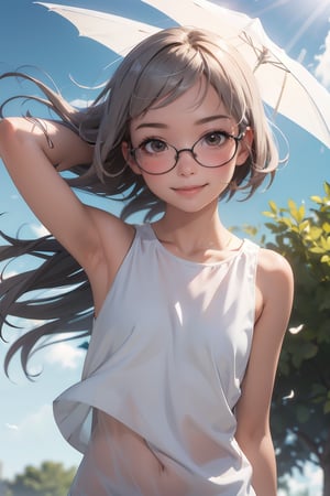 (masterpiece, best quality), 1girl,  immatsuri, glasses, sleeveless, under the sun, wind blowing her hair, sweet smile
