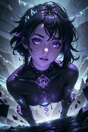 Highres, best quality, extremely detailed, area lighting in background, HD, 8k, extremely intricate:1.3), realistic, SMALL BODY, CUTE, (portrait:1.2) runes, glowing, blue, full body, stomach runes,GlowingRunes_purple, abyssal, horror style