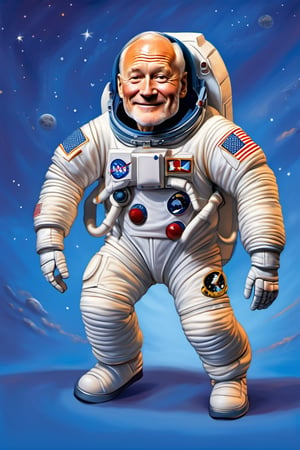 Caricature figure of Buzz Aldrin, head, legs, feet, wearing astronaut suit, deep blue dimentional background, high-res