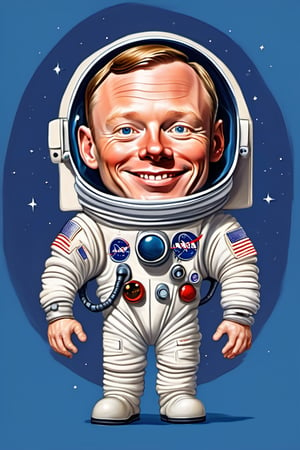 Caricature figure of Neil Armstrong, head, legs, feet, wearing astronaut suit, deep blue dimentional background, high-res