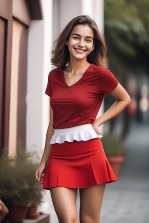 Young woman of 20 years, smiling, standing, show legs, red shirt with white skirt