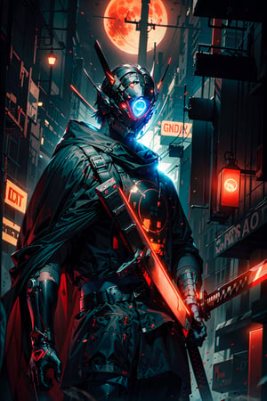 man in a burning city with a black cape over his head, high contrast night, red moon, neon signs, 2 samurai swords in hands with red glowing blades, advanced technology suit, Neon Light, science fiction,cyber-helmet, one sword sheathed the other in hand by the handle, face fully masked