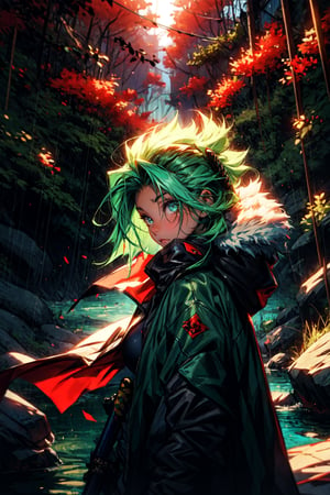 high resolution, mastery, behind_position, foggy forest with 
 floating mountains in the background, dark ambience, girl in a dark brown cape, long katana over the shoulder, good hands, drip jacket, neon green hair. ,SAM YANG, floating rocks in the background, blue eyes