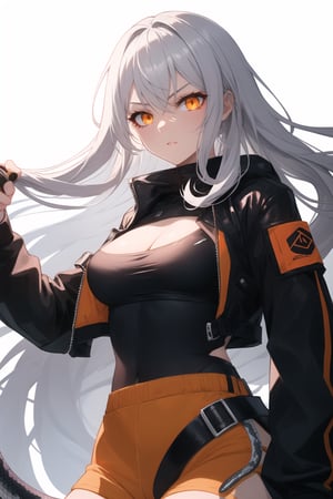  silver long hair, snake eyes, orange eyes,  badass, wearing light clothes 