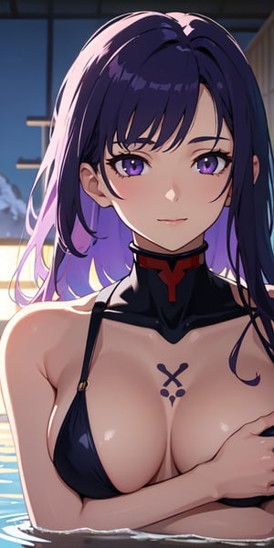 1girl, purple hair, purple eyes, portrait, realistic, (onsen), sidelighting, wallpaper, beutiful body, sexy, roses, evangelion Rei, Genshin, Raiden, cute, with weapon, tattoo