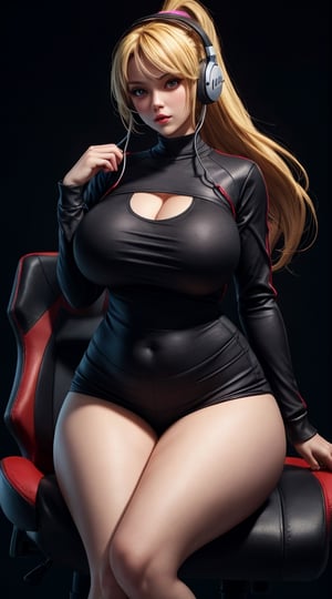 (best quality), (masterpiece), (realistic), fromabove,(detailed),best_body, ultra HD, hot woman, massive heavy boobs, thick-thighs, curvy_figure ,wearing gaming headphone, wearing gaming clothes, blond_hair, long_ponytail, black background, two peice clothes, sexy pose