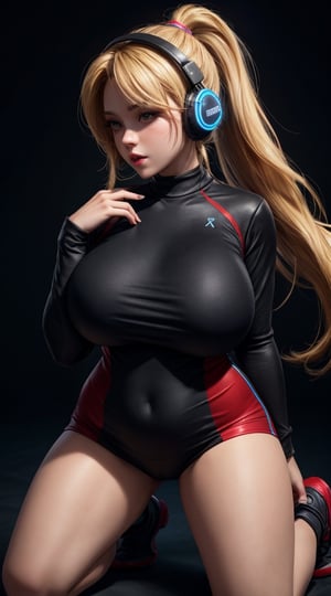 (best quality), (masterpiece), (realistic), fromabove,(detailed),best_body, ultra HD, hot woman, massive heavy boobs, thick-thighs, curvy_figure ,wearing gaming headphone, wearing gaming clothes, blond_hair, long_ponytail, black background, two peice clothes, sexy pose, little red in outfit, kneeling_down, leg_spread