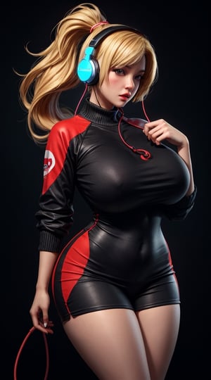 (best quality), (masterpiece), (realistic), fromabove,(detailed),best_body, ultra HD, hot woman, massive heavy boobs, thick-thighs, curvy_figure ,wearing gaming headphone, wearing gaming clothes, blond_hair, long_ponytail, black background, two peice clothes, sexy pose, little red in outfit