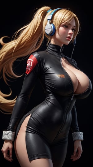 (best quality), (masterpiece), (realistic), fromabove,(detailed),best_body, ultra HD, hot woman, massive heavy boobs, thick-thighs, wearing gaming headphone, wearing gaming clothes, blond_hair, long_ponytail, black background