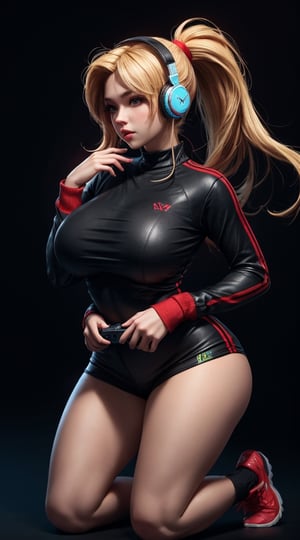 (best quality), (masterpiece), (realistic), fromabove,(detailed),best_body, ultra HD, hot woman, massive heavy boobs, thick-thighs, curvy_figure ,wearing gaming headphone, wearing gaming clothes, blond_hair, long_ponytail, black background, two peice clothes, sexy pose, little red in outfit, kneeling_down