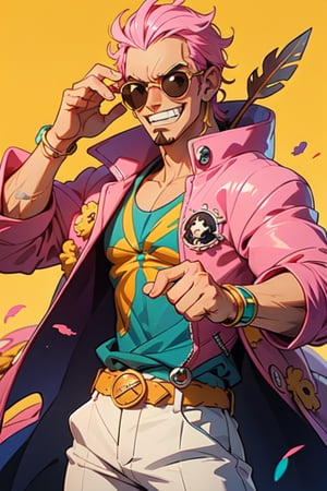 Doflamingo, man, one piece, superhero pose, (masterpiece, best quality:1.1), ghibli style, big pink feather coat, yellow sunglasses