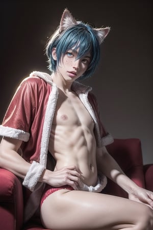 ((masterpiece)), best quality, animal ears, blue eyes,colored sclera, black hair, cat ears, multicolored hair, freckles,1man, 18yr man, two-tone hair, blue hair, male focus, lips, short hair, black sclera, topless, gay_sex, full_body, uncensored, male_only, cute twink man, man with small dick in the red panties, small penis bulge, feminine body, feminine man,  body with small dick,  man with wide hips, big ass, perfection model, perfect, detailed face, detailed hands,High detailed, realhands,submissive, red panties,1man, old man with white beard ,(santa claus) sitting on chair, sitting on santa claus lap, christmas, snow, santa_costume,man sitting on old mans lap