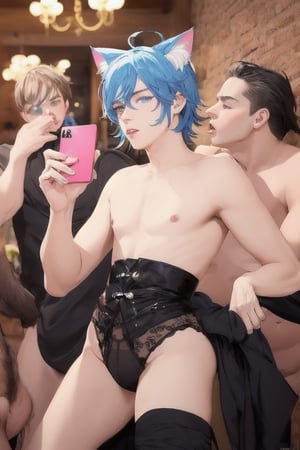 ((masterpiece)), best quality, animal ears, blue eyes,colored sclera, black hair, cat ears, multicolored hair, freckles,1boys,  two-tone hair, blue hair, male focus, lips, short hair, black sclera, topless, gay_sex, full_body, uncensored, male_only, cute twink boy standing in the hofbrauhaus wearing pink panties and stockings, boy with small dick in the panties, small penis bulge, feminine body, feminine boy, submissive, taking selfie, body with small dick,  boy with wide hips, big ass, perfection model, perfect body, perfect cock, complex_background, detailed face, detailed hands,High detailed, realhands, holding_cellphone, 3men,surrounded by naked fat old men, kissing old man, large beer
