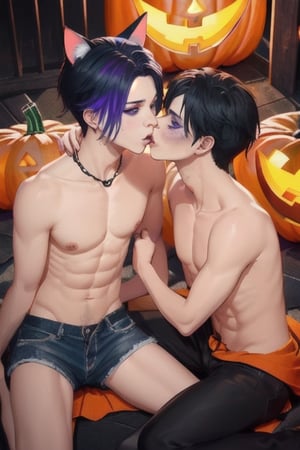 (halloween:1.3)masterpiece, best quality,3boys, animal ears, blue eyes,colored sclera, black hair, cat ears, multicolored hair, freckles, two-tone hair, blue hair, male focus, lips, short hair, black sclera, gay_sex, full_body, uncensored, male_only, jack-o-lantern, pumpkin,nude,sexy, costume, bobbing for apples game, sexy costume, sex with pumpkin, lewd,topless, crowd, nude, circumcised_penis, gay_sex, kissing boy, prositute, male breast, public_indecency,glory_hole,sex toys, on knees,2boys ,gay sex, midnight, pumpkin patch, zombie makeup