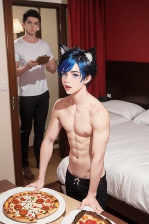 1boy and 1man,masterpiece, best quality, animal ears, blue eyes,colored sclera, black hair, cat ears, multicolored hair, freckles,1boys,  two-tone hair, blue hair, male focus, lips, short hair, black sclera, topless, gay_sex, full_body, uncensored, male_only, in hotel room,  answering door, pizza man at door,pizza box, pizzaman in background, viewed_from_behind, pizzaman in dominos uniform,eating pizza in bed
