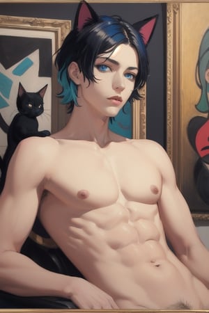 masterpiece,  solo, animal ears, blue eyes,colored sclera, black hair, cat ears, multicolored hair, freckles,2boy,  two-tone hair, blue hair, male focus, lips, short hair, black sclera, topless, gay_sex, full_body, uncensored, male_only, Oil Painting, painting in gold frame, nude,(Pablo Picasso  painting style ),  Cubism,Symbolism, Surrealism.