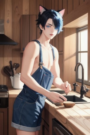 masterpiece, best quality, animal ears, blue eyes,colored sclera, black hair, cat ears, multicolored hair, freckles,1boy,  two-tone hair, blue hair, male focus, lips, short hair, black sclera, Farmhouse interior design,wood walls, eating breakfast, in kitchen, wearing overalls shorts, topless, cowboy boots,
