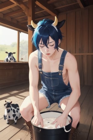 masterpiece, best quality, animal ears, blue eyes,colored sclera, black hair, cat ears, multicolored hair, freckles,1boy,  two-tone hair, blue hair, male focus, lips, short hair, black sclera, wearing overalls shorts, topless, cowboy boots, , cow, milking cow , hands on cow utters, cow being milked, cow kicking, in barn,kicked in head, cow attack, laying on floor, eyes closed, bucket of milk, bucker of milk spilled,milk puddle stool knocked over 