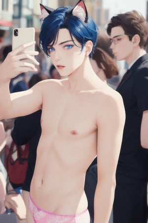 ((masterpiece)), best quality, animal ears, blue eyes,colored sclera, black hair, cat ears, multicolored hair, freckles,1boys,  two-tone hair, blue hair, male focus, lips, short hair, black sclera, topless, gay_sex, full_body, uncensored, male_only, cute twink boy standing in the parade wearing pink panties, boy with small dick in the panties, small penis bulge, feminine body, feminine boy, submissive, taking selfie, body with small dick,  boy with wide hips, big ass, perfection model, perfect body, perfect cock, complex_background, detailed face, detailed hands,High detailed, realhands, kissing,holding_cellphone,nude,   (many onlookers looking at boy), gay pride parade, crowd