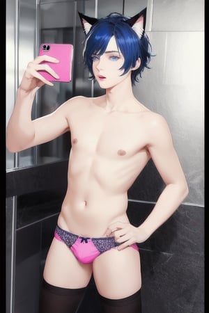 ((masterpiece)), best quality, animal ears, blue eyes,colored sclera, black hair, cat ears, multicolored hair, freckles,1boys,  two-tone hair, blue hair, male focus, lips, short hair, black sclera, topless, gay_sex, full_body, uncensored, male_only, cute twink boy standing in theelevator wearing pink panties, boy with small dick in the panties, small penis bulge, feminine body, feminine boy, submissive, taking selfie, body with small dick,  boy with wide hips, big ass, perfection model, perfect body, perfect cock, complex_background, detailed face, detailed hands,High detailed, realhands, kissing,holding_cellphone,nude,   (many onlookers looking at boy), detailed face, detailed legs, old ladies in elevator