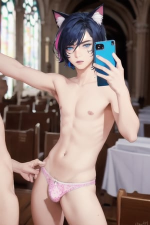 ((masterpiece)), best quality, animal ears, blue eyes,colored sclera, black hair, cat ears, multicolored hair, freckles,1boys,  two-tone hair, blue hair, male focus, lips, short hair, black sclera, topless, gay_sex, full_body, uncensored, male_only, cute twink boy standing in the church wearing pink panties and stockings, boy with small dick in the panties, small penis bulge, feminine body, feminine boy, submissive, taking selfie, body with small dick,  boy with wide hips, big ass, perfection model, perfect body, perfect cock, complex_background, detailed face, detailed hands,High detailed, realhands,